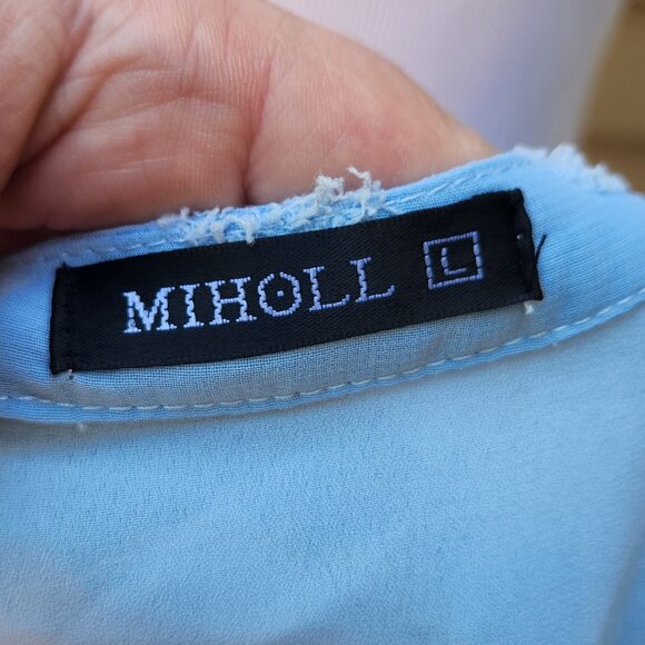 Miholl Blue Loose Flowy Short Dress Textured Dots V-Neck Pockets Short Sleeves - Picture 13 of 15